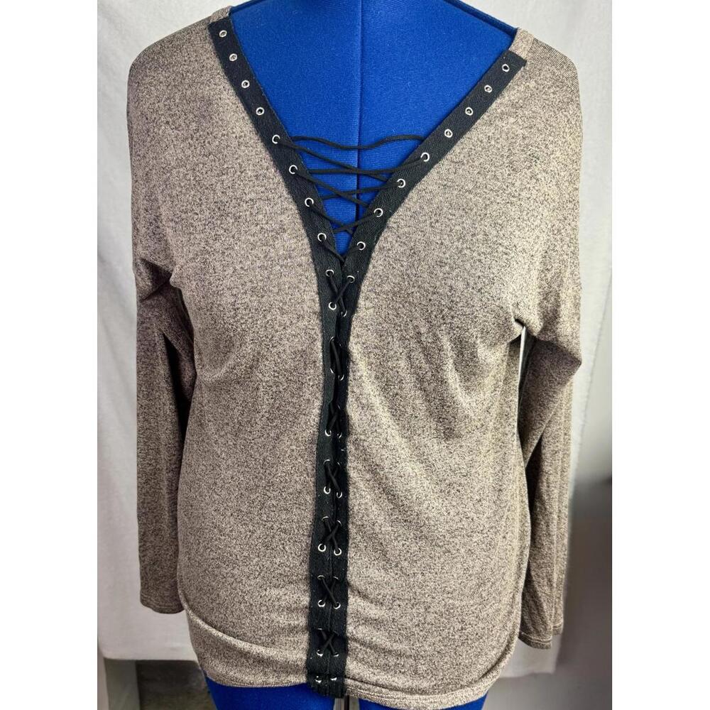 rue21 taupe lace up v neck long sleeve top soft stretch grunge boho corset style